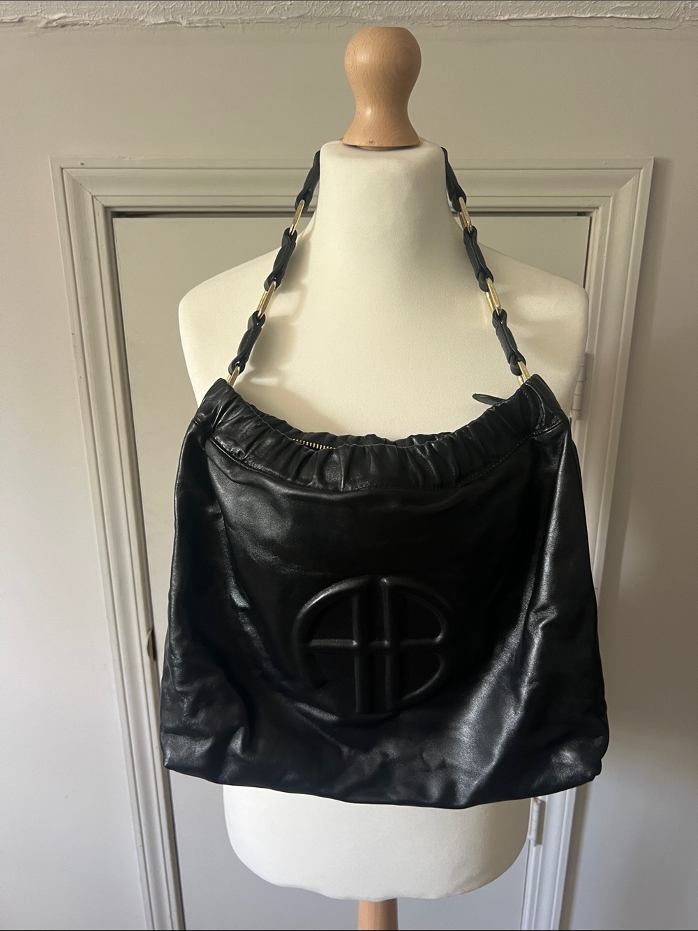 Black Leather Shoulder Bag with Chain-Linked Strap